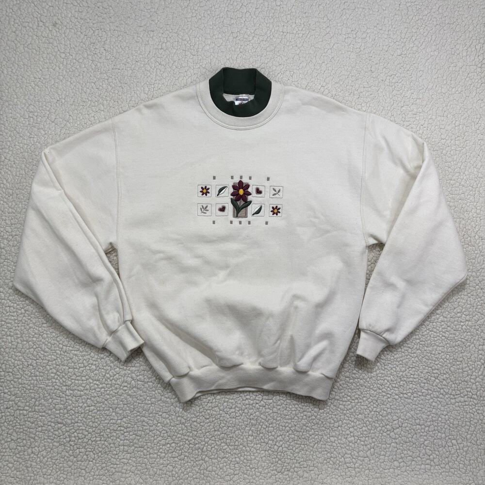 Vintage Jerzees Womens M Mock Neck Sweatshirt Floral Embroidered Granny‎ Cottage